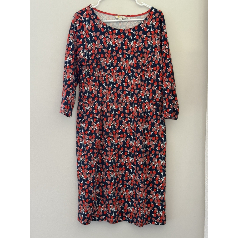 Boden 12 Red Blue Floral Sheath Dress 3/4 Sleeve Cotton Stretch Pockets